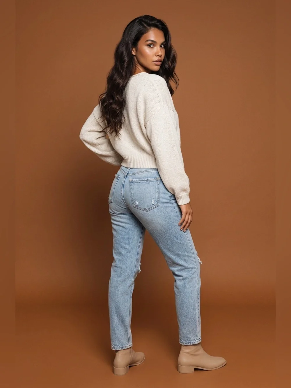 Free People Cream V-Neck Knit Pullover